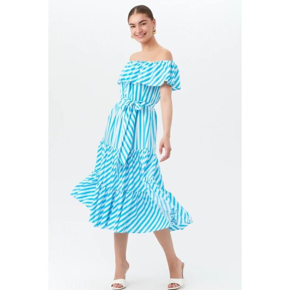 Trina Turk NWT‎ Salima 2 Midi Off-The-Shoulder Dress in Blue Stripe Size Large - Picture 1 of 12